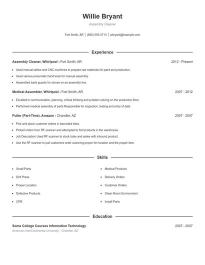 Assembly Cleaner Resume