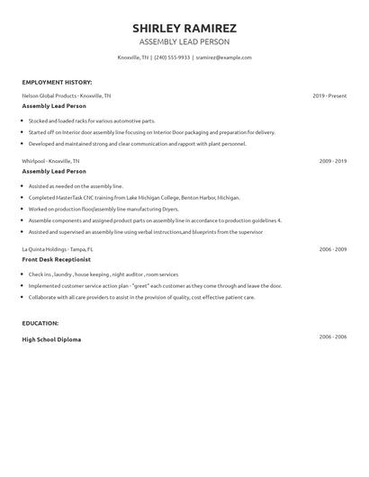 Assembly Lead Person Resume