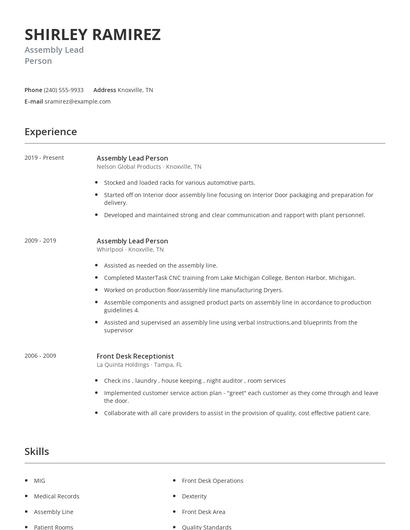 Assembly Lead Person Resume