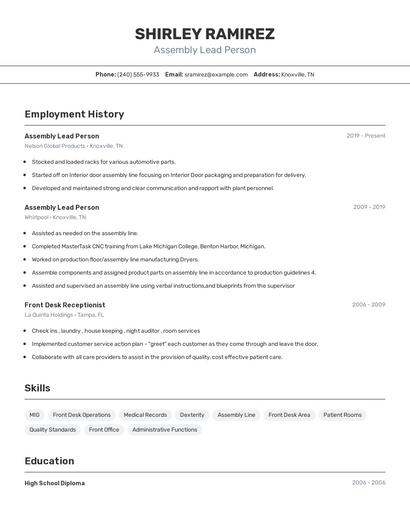 Assembly Lead Person Resume