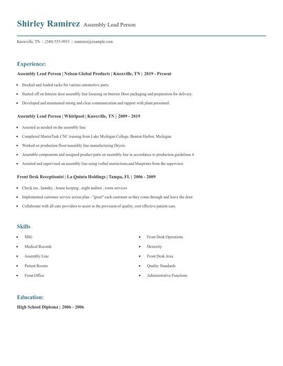 Assembly Lead Person Resume