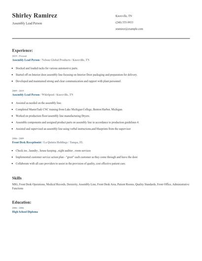 Assembly Lead Person Resume