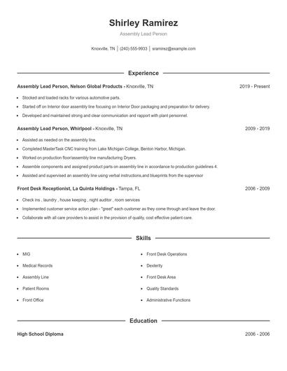 Assembly Lead Person Resume