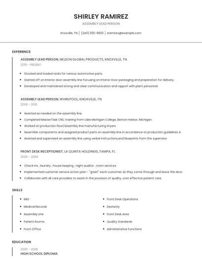 Assembly Lead Person Resume
