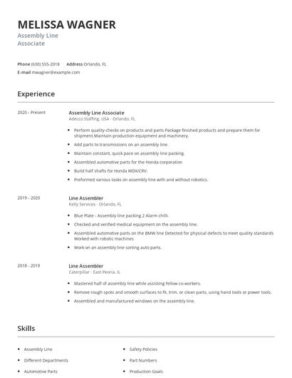 Assembly Line Associate Resume