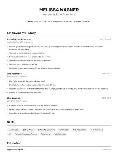Assembly Line Associate Resume