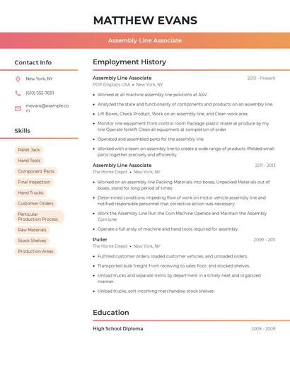 Assembly Line Associate Resume