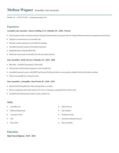 Assembly Line Associate Resume
