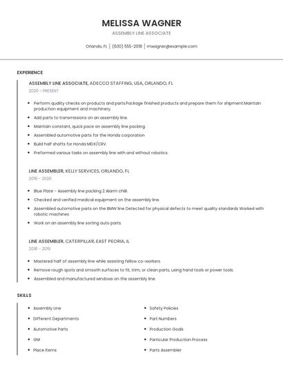 Assembly Line Associate Resume