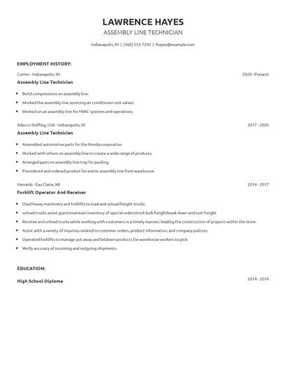 Assembly Line Technician Resume