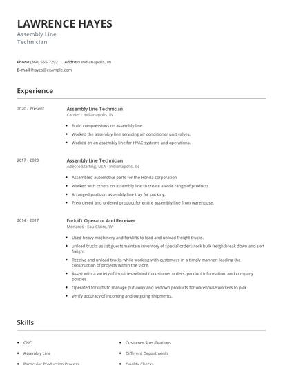 Assembly Line Technician Resume