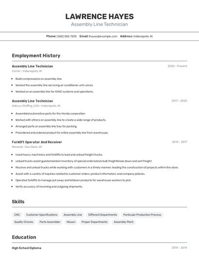Assembly Line Technician Resume