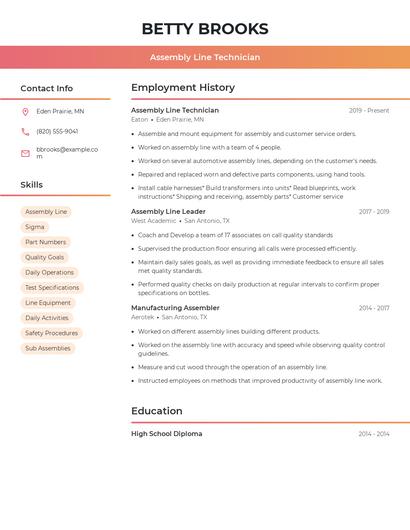 Assembly Line Technician Resume