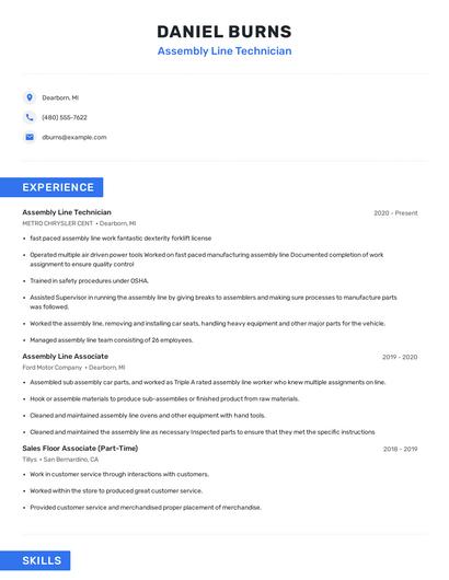 Assembly Line Technician Resume