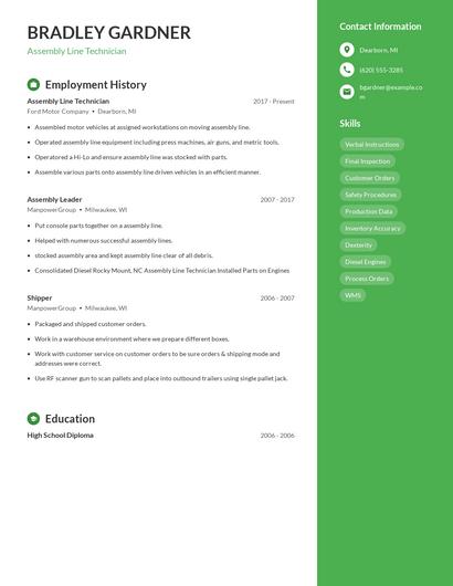 Assembly Line Technician Resume