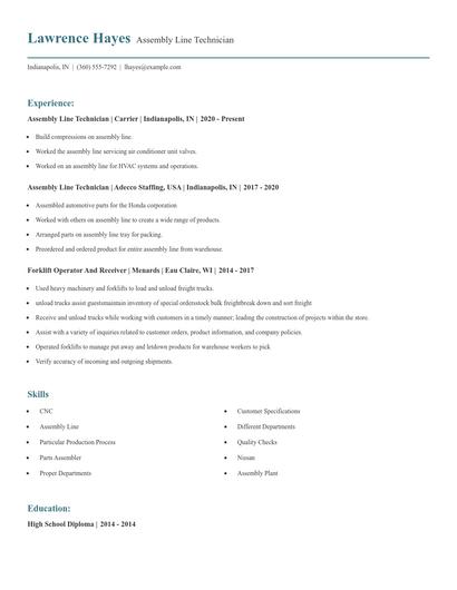 Assembly Line Technician Resume