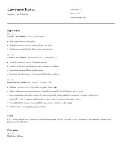 Assembly Line Technician Resume
