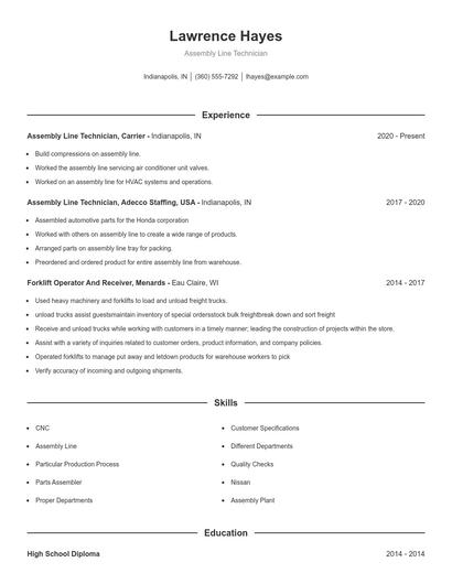 Assembly Line Technician Resume