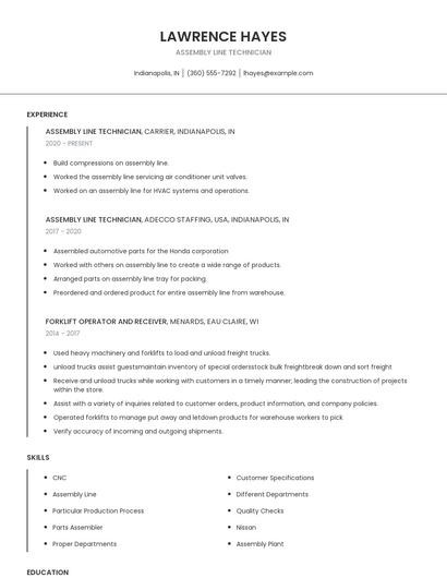 Assembly Line Technician Resume