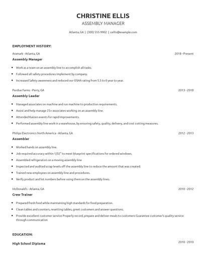 Assembly Manager Resume