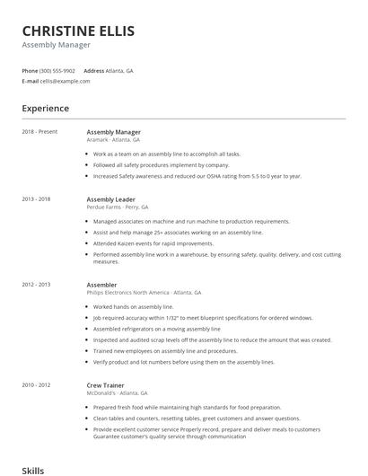 Assembly Manager Resume