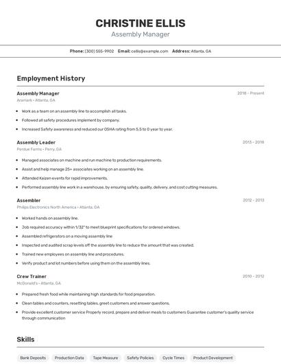 Assembly Manager Resume