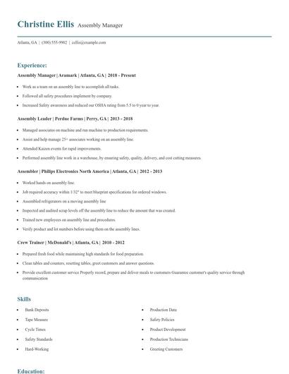 Assembly Manager Resume