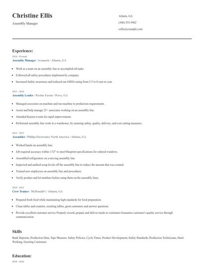 Assembly Manager Resume
