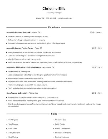 Assembly Manager Resume