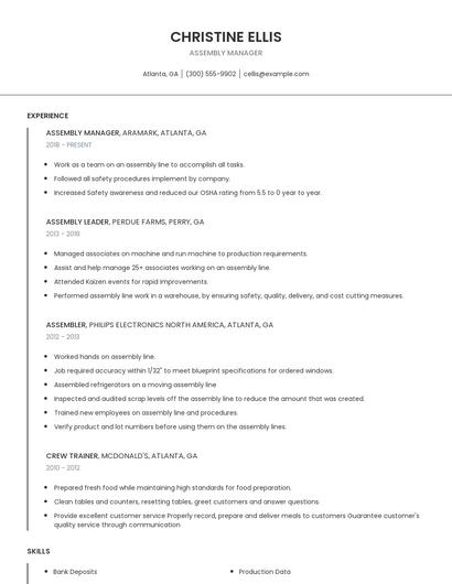Assembly Manager Resume