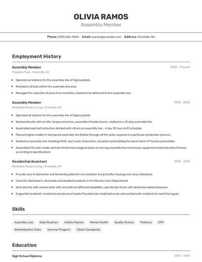 Assembly Member Resume