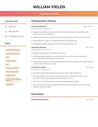 Assembly Member Resume