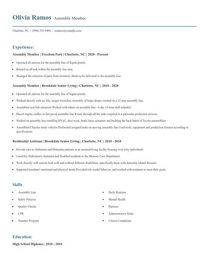 Assembly Member Resume