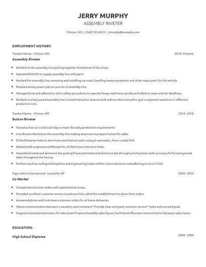Assembly Riveter Resume