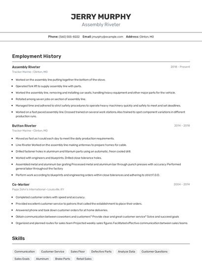 Assembly Riveter Resume