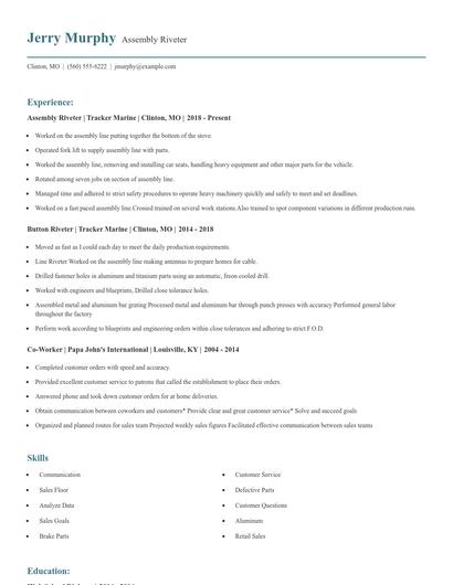 Assembly Riveter Resume