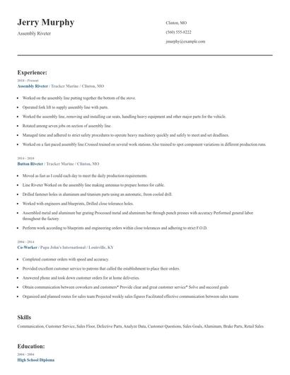 Assembly Riveter Resume