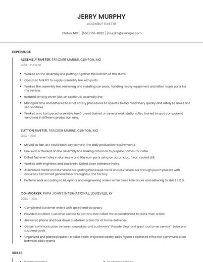 Assembly Riveter Resume