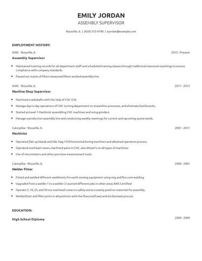 Assembly Supervisor Resume