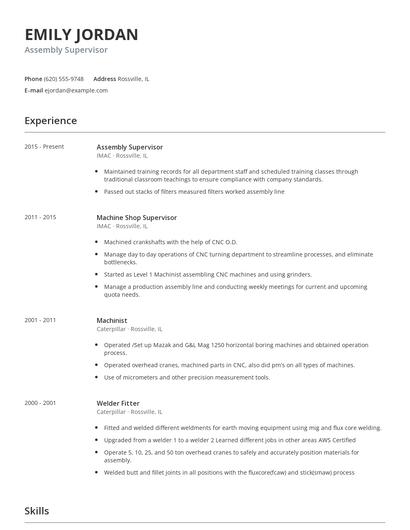 Assembly Supervisor Resume