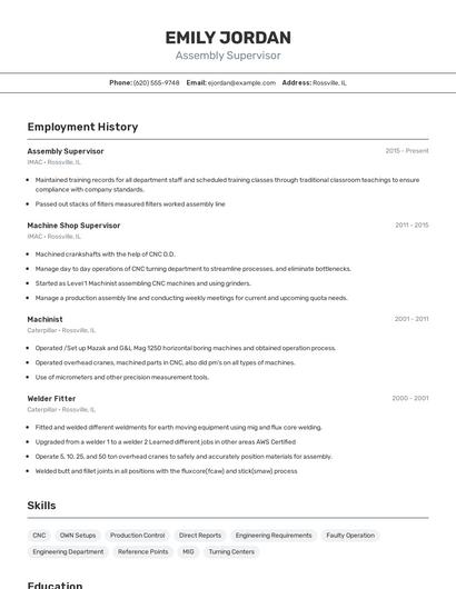 Assembly Supervisor Resume