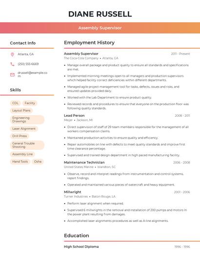 Assembly Supervisor Resume