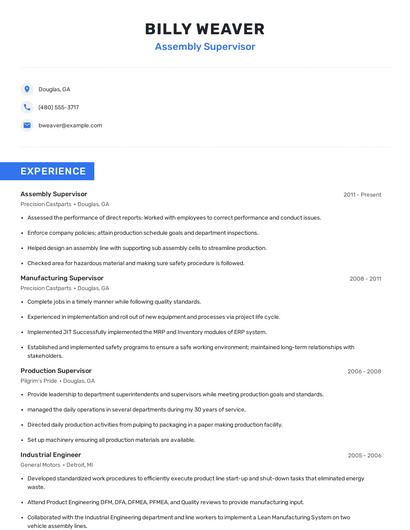 Assembly Supervisor Resume