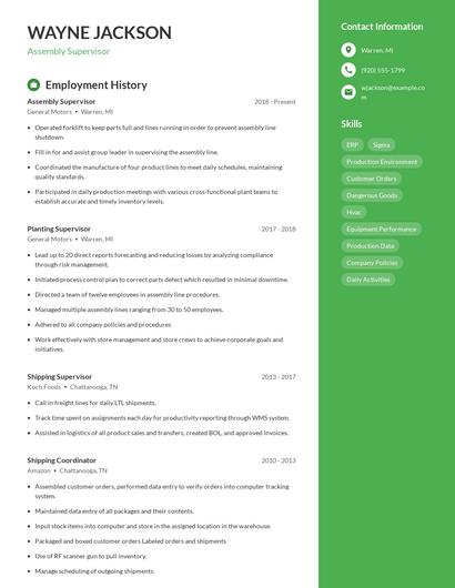 Assembly Supervisor Resume