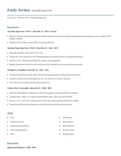 Assembly Supervisor Resume