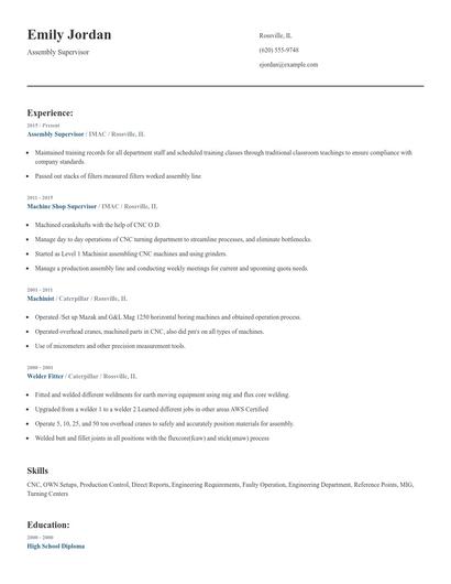 Assembly Supervisor Resume