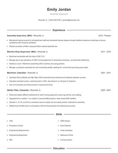Assembly Supervisor Resume