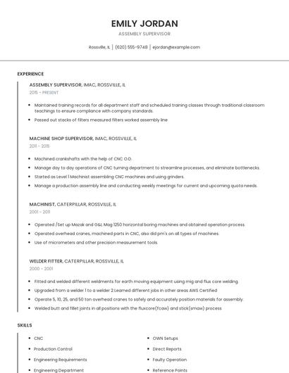 Assembly Supervisor Resume