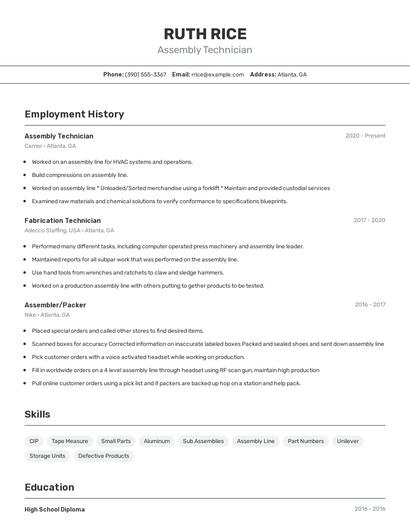 Assembly Technician Resume