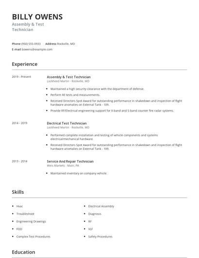 Assembly & Test Technician Resume